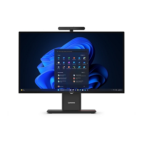 Ein Lenovo ThinkCentre All-in-One-Computer. Der Bildschirm zeigt das Windows 11 Startmenü, darüber eine Webcam.