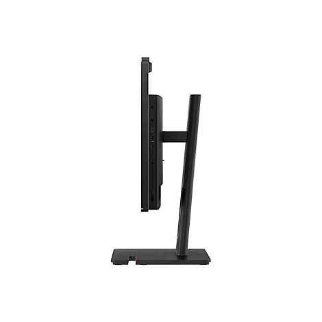 Seitenansicht eines schwarzen Monitors mit Standfuß. Sichtbar sind Anschlüsse, Rahmen, und Ständer.