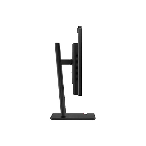 Schwarzer Monitor im Profil, mit Standfuß. Sichtbar: Bildschirm, Halterung und Standfuß.