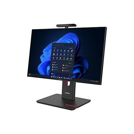 Ein Lenovo All-in-One-PC mit schwarzem Gehäuse und großem Bildschirm, auf dem ein Windows-Desktop mit Apps angezeigt wird. Oben ist eine Webcam montiert.