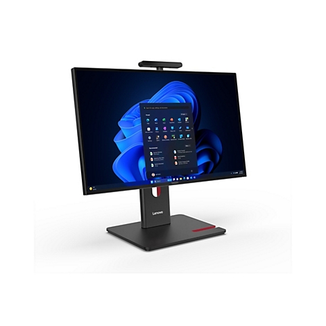 Ein schwarzer Lenovo ThinkCentre All-in-One-Computer mit einem schwarzen Bildschirm, der die Windows-Benutzeroberfläche zeigt. Auf dem Bildschirm ist das Startmenü mit verschiedenen App-Symbolen zu sehen. Auf dem Bildschirm befindet sich eine Webcam.