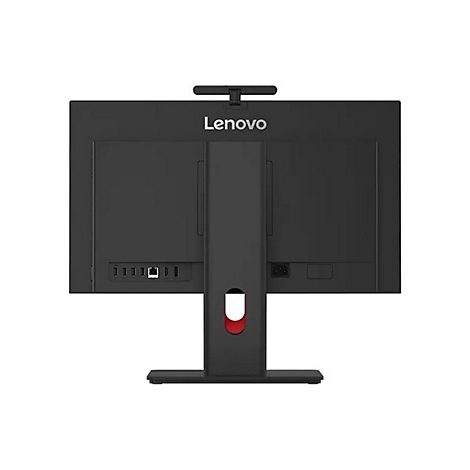 Rückseite eines schwarzen Lenovo All-in-One-Computers mit Anschlüssen, Ständer und Lenovo-Logo.