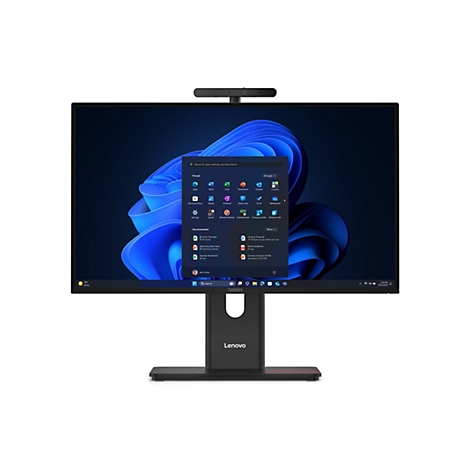 Ein schwarzer Lenovo ThinkCentre-Monitor mit integrierter Webcam, auf dem ein Windows-Desktop mit geöffneten Apps angezeigt wird.