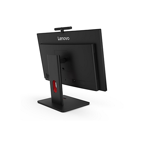 Schwarzer Lenovo-Monitor, Rückansicht. Monitor, Standfuß und Kamera sind schwarz. Der Standfuß hat eine rote Aussparung. Lenovo-Logo.