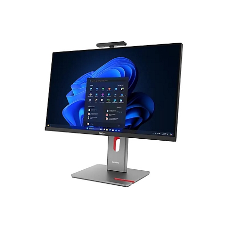 Ein Lenovo ThinkCentre All-in-One-PC vor weißem Hintergrund. Der Bildschirm zeigt ein Windows-Desktop.