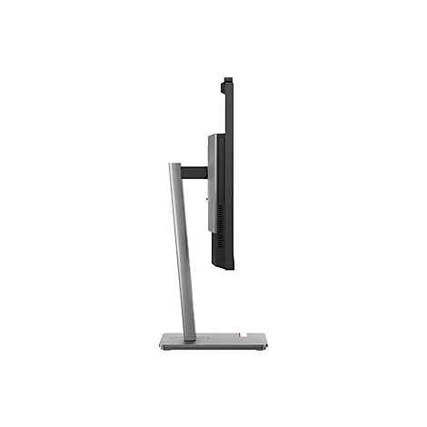 Seitenansicht eines schwarzen Monitors mit silbernem Standfuß, der auf einem weißen Hintergrund steht.