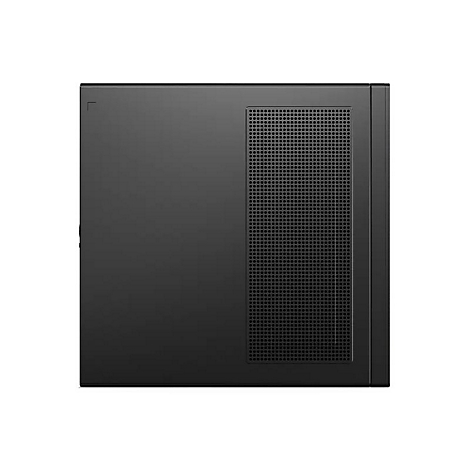 Schwarzer Computer-Tower mit LÃ¼ftungsloch. Vorderseite mit Lenovo-Logo.