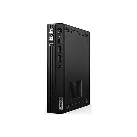 Schwarzer Lenovo ThinkCentre Computer. Seitlich auf weiÃŸem Hintergrund. Die Aufschrift ThinkCentre und Lenovo ist sichtbar.