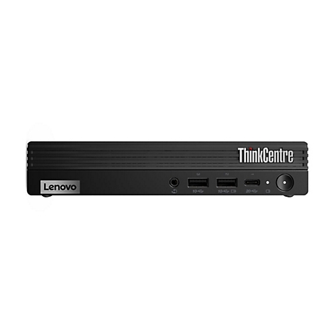 Schwarzer Lenovo ThinkCentre-Mini-PC mit AnschlÃ¼ssen und Logo. Auf weiÃŸem Hintergrund.