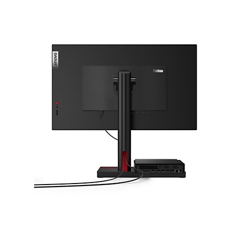 Die RÃ¼ckseite eines schwarzen Lenovo ThinkCentre-Computers. Er ist mit einem StÃ¤nder, einem Mini-PC und Kabeln ausgestattet.