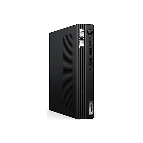 Schwarzer Lenovo ThinkCentre Mini-PC, vertikal stehend. Mit ThinkCentre und Lenovo-Logo.