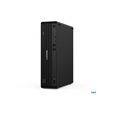 Schwarzer Lenovo ThinkCentre Computer, Ansicht von vorne.