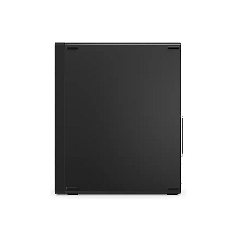 Ein schwarzer Computer-Tower, der auf einer weißen Oberfläche steht. Der Turm hat rechteckige Form und ist blickdicht.