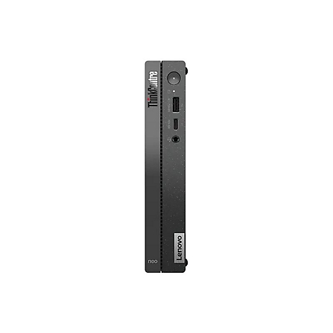 Schwarzer Lenovo ThinkCentre-Mini-PC, seitlich. Oben ThinkCentre, unten Lenovo.