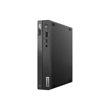 Schwarzer Lenovo ThinkCentre Neo Desktop-PC mit Ports, Logo, und Einschaltknopf.