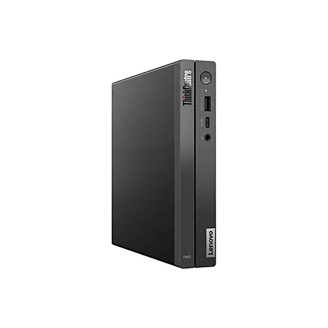 Schwarzer Lenovo ThinkCentre Neo Desktop-PC, stehend, auf weißem Hintergrund.