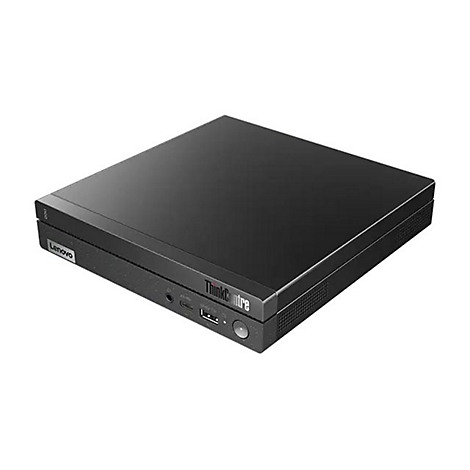 Schwarzer Lenovo ThinkCentre Desktop-PC. Aufschrift: Lenovo, ThinkCentre.