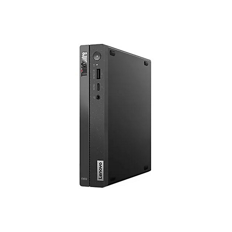 Schwarzer Lenovo ThinkCentre Mini-PC. Frontansicht mit Logos und Anschlüssen.