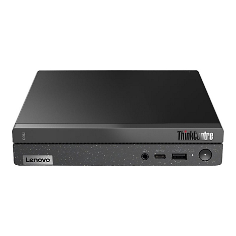 Schwarzer Lenovo ThinkCentre Mini-PC. Auf der Vorderseite: Logo, Anschlüsse, Power-Taste.