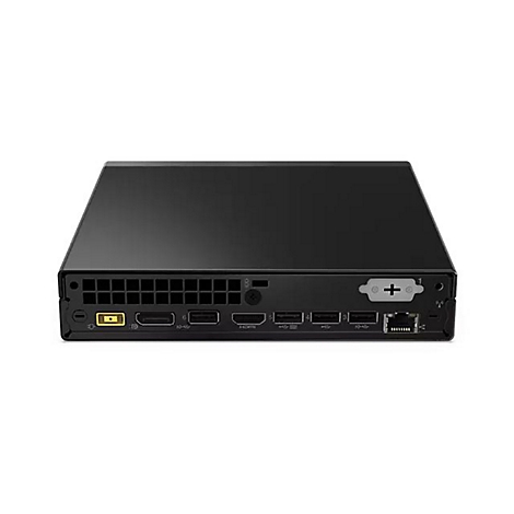 Schwarzer Mini-PC mit Anschlüssen, darunter HDMI, USB und Ethernet.