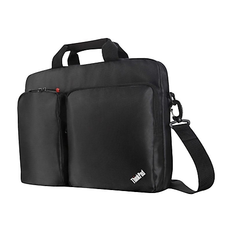 Schwarze Laptoptasche mit Tragegriff, Schultergurt und zwei Außentaschen. ThinkPad-Logo.