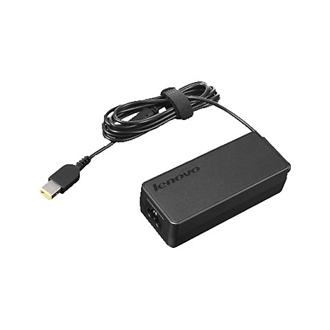 Schwarzes Lenovo-Netzteil mit Kabel. Der Stecker und die Aufschrift Lenovo sind zu sehen.