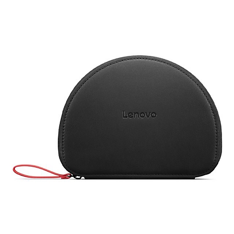 Schwarze, halbkreisförmige Kopfhörertasche mit Lenovo-Logo und roter Schlaufe.