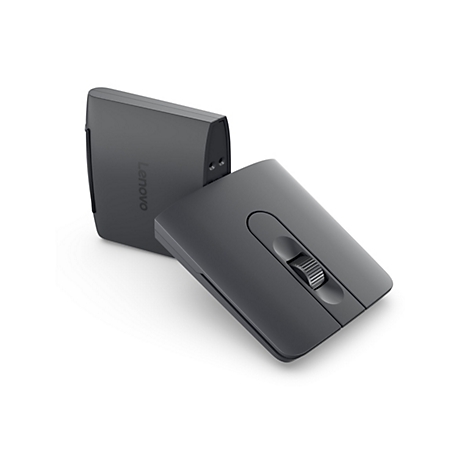 Dunkelgraue Lenovo-Maus, neben einem dazugehörigen Dongle. Der Mausrücken hat ein Scrollrad.