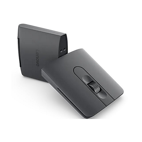 Dunkelgraue, flache Lenovo Computermaus vor weißem Hintergrund.