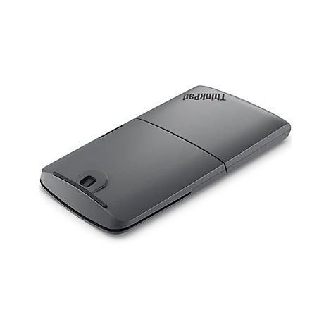 Dunkelgraue, flache ThinkPad Bluetooth-Maus in der Rückansicht auf weißem Hintergrund.