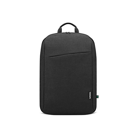 Schwarzer Rucksack mit einem Griff oben, einer kleinen Vordertasche und dem Lenovo-Logo.