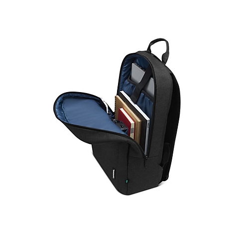 Schwarzer Rucksack, geöffnet, mit Laptop, Büchern und Zubehör. Innen blaues Futter, graues Außenmaterial, Lenovo-Logo.