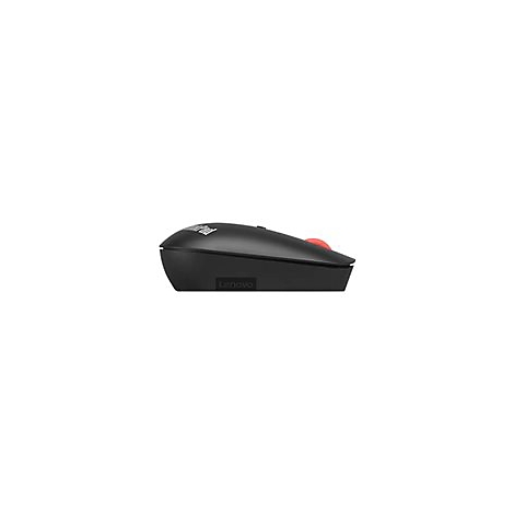 Schwarze Maus, rote Scrollrad, Lenovo-Logo. ThinkPad-Logo.