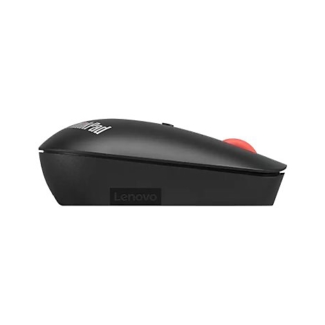 Schwarze Lenovo ThinkPad Funkmaus in Seitenansicht vor weißem Hintergrund mit rotem Scrollrad.