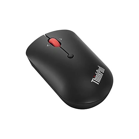 Schwarze Maus mit rotem Scrollrad und ThinkPad-Logo. Auf weißem Hintergrund.