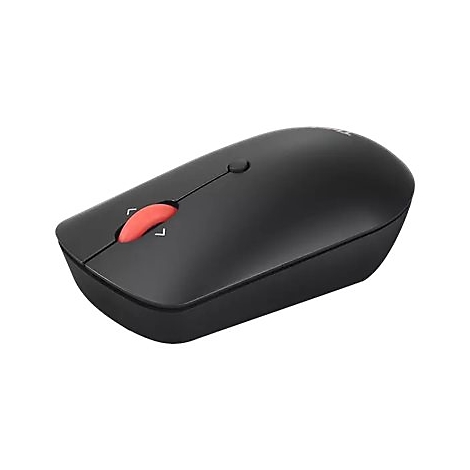 Souris d'ordinateur noire, molette de dÃ©filement rouge, ligne argentÃ©e et flÃ¨ches.