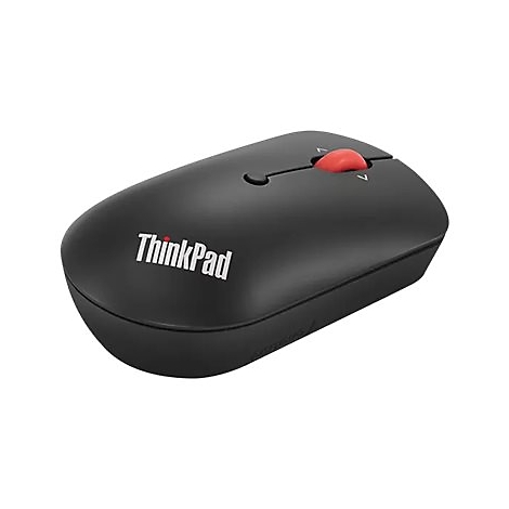 Souris ThinkPad noire, molette rouge. Logo ThinkPad en blanc.