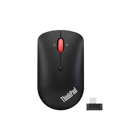 Souris ThinkPad noire. Molette rouge. RÃ©cepteur USB avec logo Lenovo. Fond blanc.