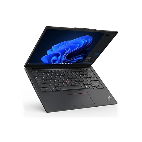 Schwarzes ThinkPad-Laptop, halb geöffnet, mit blauem Hintergrundbild. Tastatur und Touchpad sind sichtbar.