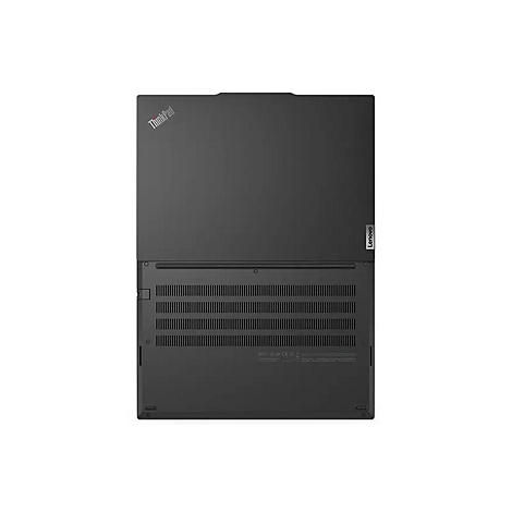 Draufsicht auf ein schwarzes Lenovo ThinkPad Laptop. Oben links das ThinkPad Logo, rechts das Lenovo Logo.