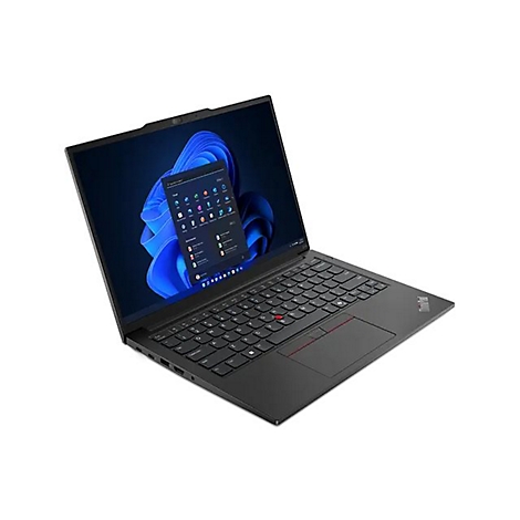 Schwarzes Laptop mit geÃ¶ffnetem Bildschirm, Blick auf Tastatur und Touchpad. Windows-OberflÃ¤che. Weiß·er Hintergrund.