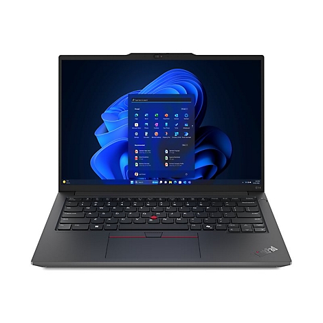 Schwarzer Laptop mit offenem Bildschirm, Windows-OberflÃ¤che und rotem Trackpoint.
