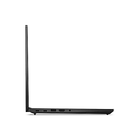 Schwarzes Laptop im Seitenprofil, offen. Auf der Unterseite befinden sich AnschlÃ¼sse.