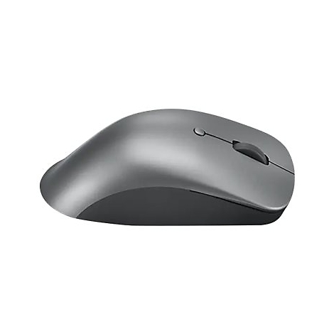 Souris grise sans fil avec molette de défilement et deux boutons sur fond blanc.