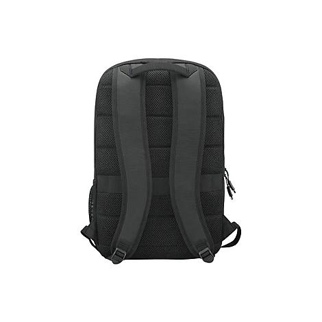 Schwarzer Rucksack von hinten, mit gepolsterten Trägern und Rücken, Reißverschluss und Netzstoff.