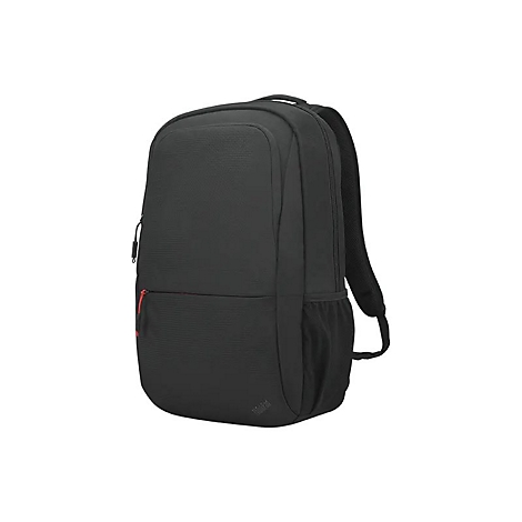 Schwarzer Rucksack mit rotem Reißverschluss. Das ThinkPad-Logo ist sichtbar.