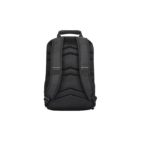 Schwarzer Rucksack von hinten, mit gepolsterten Schultergurten, Tragegriff und atmungsaktiver Rückenpartie.