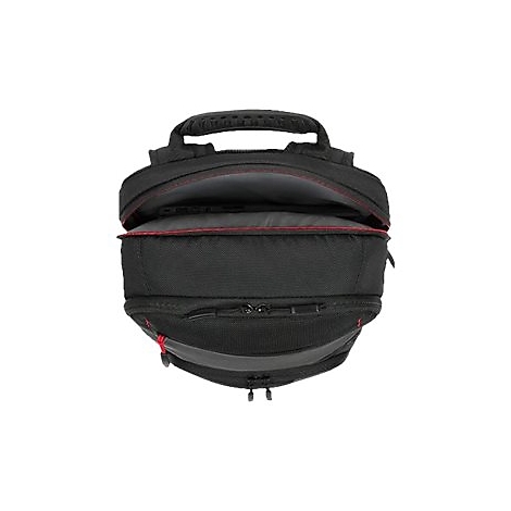 Schwarzer Rucksack, teilweise geöffnet. Innen rot gefüttert, oben Tragegriff, unten Reißverschluss.