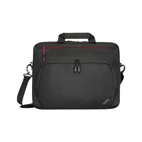 Schwarze Laptoptasche mit rotem Reißverschluss und Trageriemen. ThinkPad Logo unten rechts.