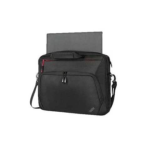 Schwarze Laptoptasche mit einem Laptop. Rote Akzente und das ThinkPad-Logo sind sichtbar.